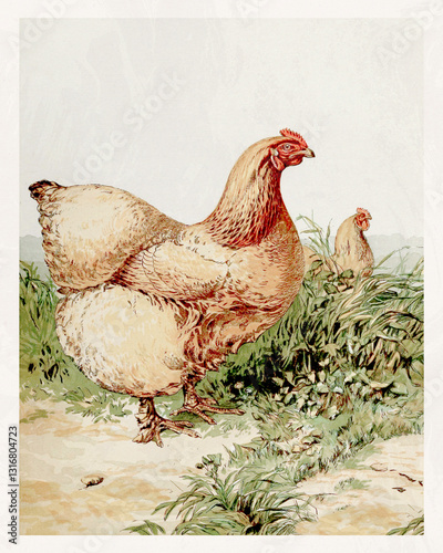 Obraz na płótnie Rooster and hen illustration. Modern graphic design with a vintage-inspired farmyard style on a rustic beige background. w salonie
