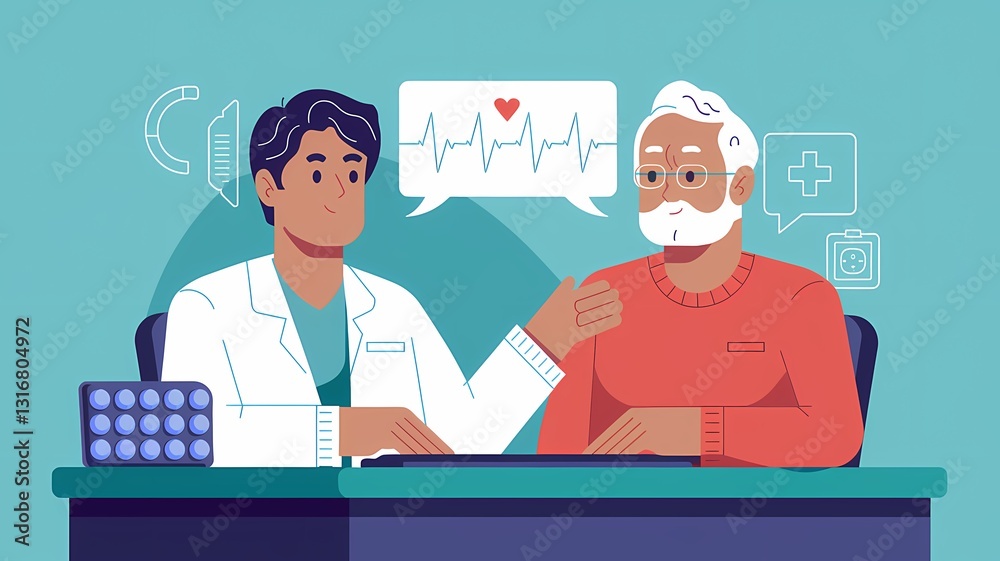 Flat 2D illustration of a doctor and senior patient in a video call with heart rate graph and medical icons Flat 2D illustration of a doctor and senior patient in a video call with heart rate graph and medical icons