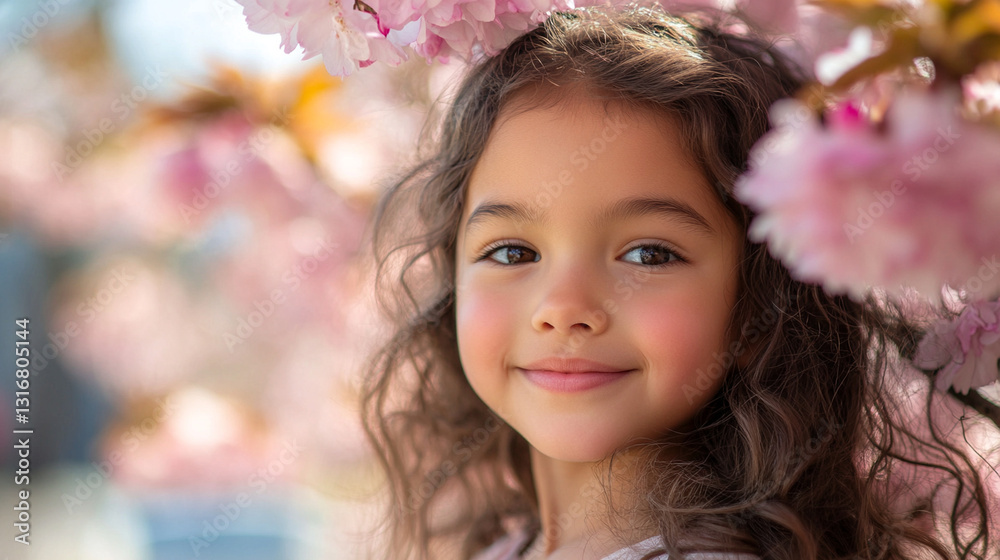 Fototapeta premium A close-up of cherry blossoms in spring, with a beautiful girl smiling softly in the background.