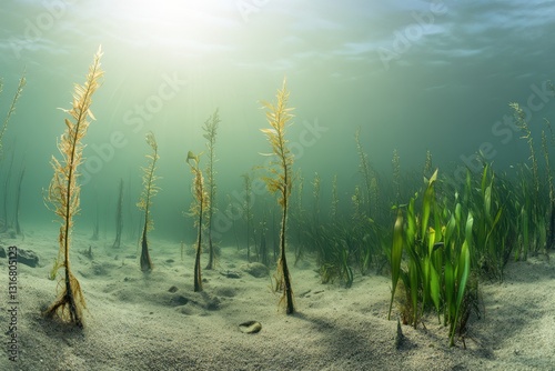 Marine scene showcasing the ecological importance of kelp forests and seagrass meadows in capturing underwater carbon dioxide, playing a vital role in ocean health and global carbon sequestration. photo