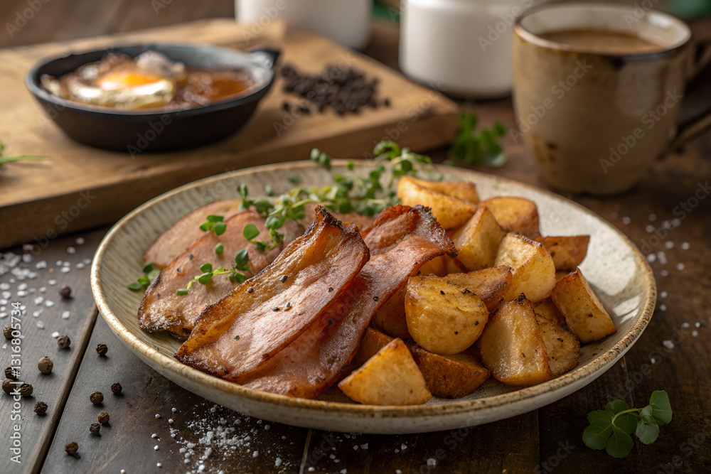 Traditional Irish breakfast with crispy bacon and roasted potatoes Traditional Irish breakfast with crispy bacon and roasted potatoes