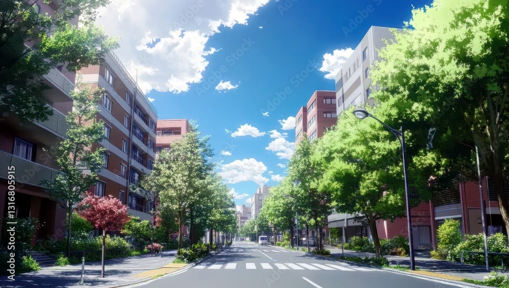 Serene Urban Street View with Lush Green Trees and Bright Blue Sky in Modern Residential Area Serene Urban Street View with Lush Green Trees and Bright Blue Sky in Modern Residential Area