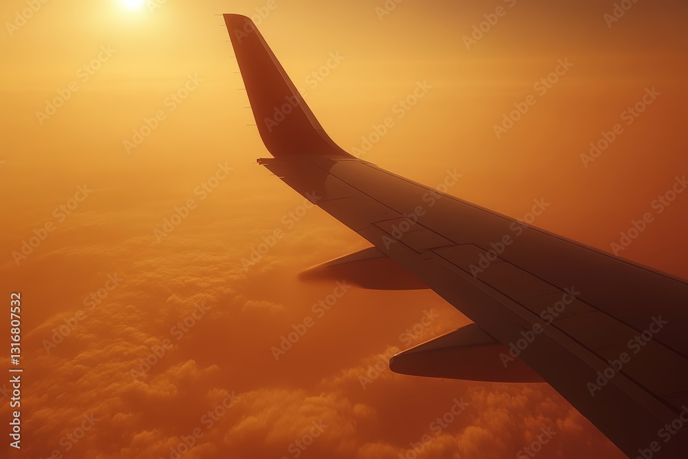 Airplane Wing Above Clouds at Sunrise with Warm Golden Light Airplane Wing Above Clouds at Sunrise with Warm Golden Light