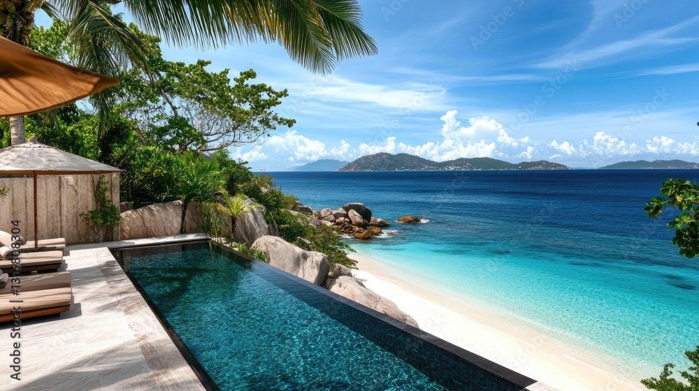 Fototapeta premium Serene Beachfront Retreat with Infinity Pool Overlooking Crystal Clear Water and Lush Greenery