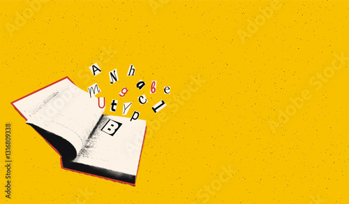 Open book with cut out letters flying out halftone art collage banner template. Vintage dotted texture on bold yellow background. Modern retro vector illustration, sticker for mixed media design
