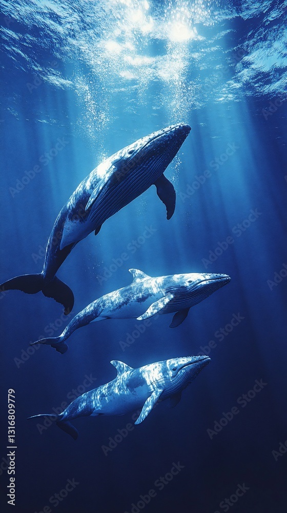 Naklejka premium Whales swim upwards towards light in the depths of a dark blue ocean scene