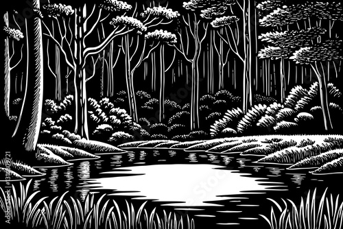 dense forest landscape with trees and lake black and white hand drawn sketch