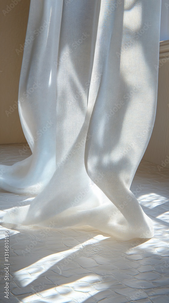 White curtain cascading gracefully onto textured floor with sunlight White curtain cascading gracefully onto textured floor with sunlight