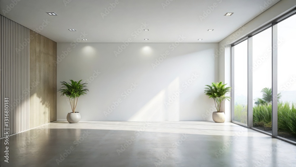 Fototapeta premium Sunlit Minimalist Interior Design with Greenery and Expansive Window View