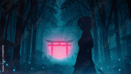 Silhouetted anime girl standing in a dark forest path before a glowing red torii gate. Seamless looping time lapse animation video background, lo-fi art.