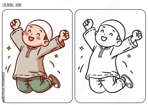 A cheerful muslim boy jumps with excitement in an engaging and creative coloring book page for children