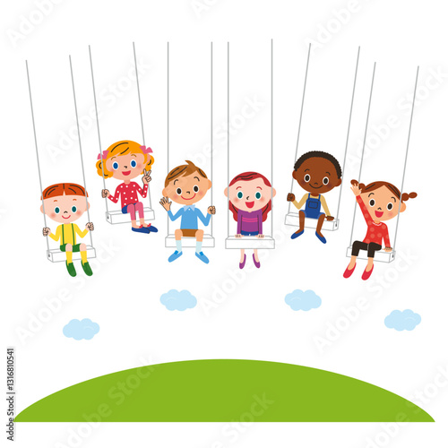 丘の上にブランコに座っている子供達