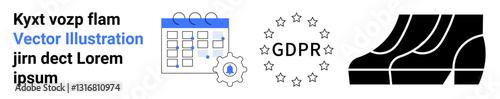 Calendar with gear representing settings, GDPR compliance stars in a circular pattern, bold footprints Ideal for data protection, legal topics, process management, planning, automation, law