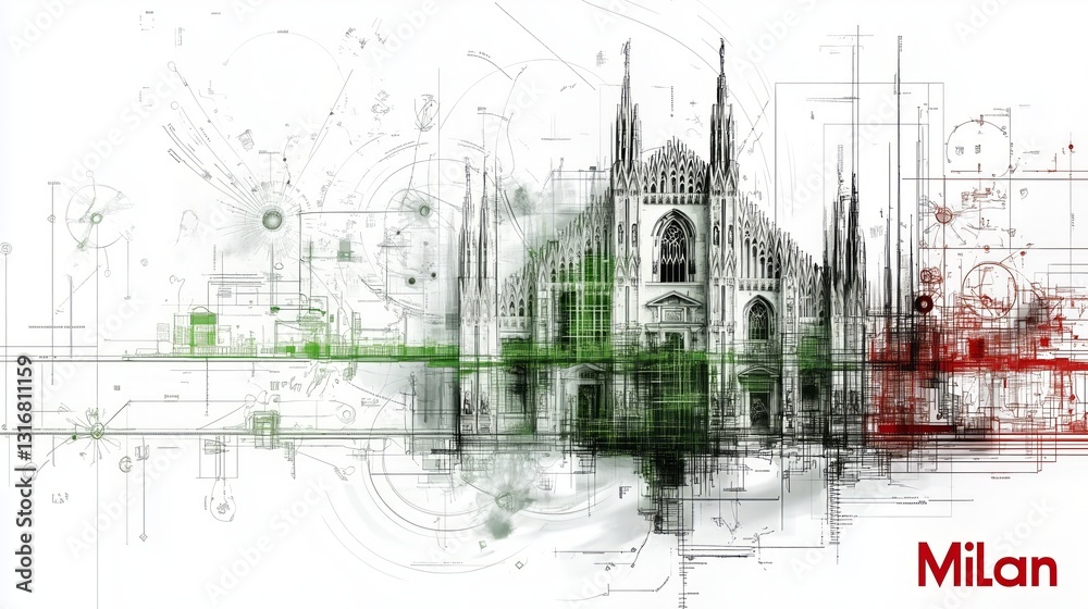 Naklejka premium Stylish modern designed skyline silhouette of the city of Milan , with attractions and famous places, in the colors of the national flag. Tourism concept.