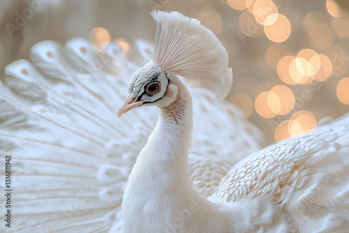 A rare albino peacock spreading its shimmering white feathers