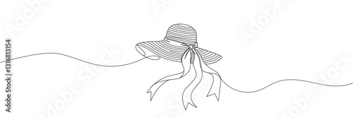 one continuous line of women's hat.one line drawing of hat with ribbon.single line vector illustration.isolated white background.