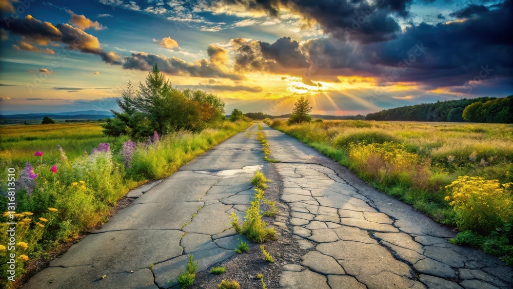 Fototapeta premium Sunlit Country Road with Wildflowers and Cracked Asphalt at Sunset
