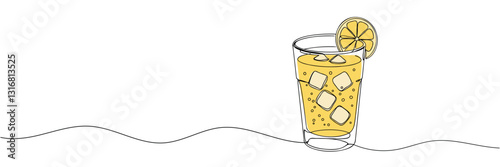 Glass of lemonade with ice, drink with drinking straw. Continuous one line drawing. Vector illustration