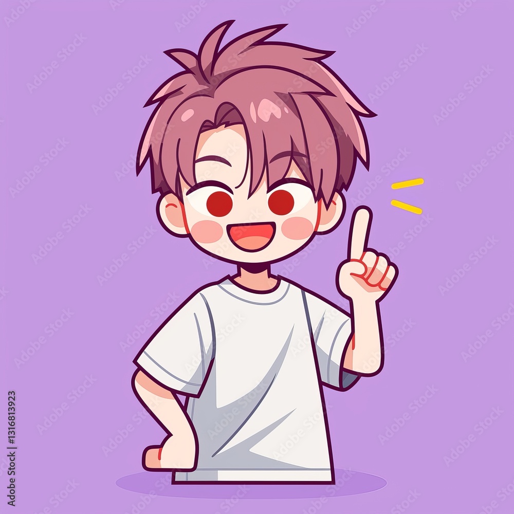 Cute Boy Points Upward, Light Purple Background Cute Boy Points Upward, Light Purple Background
