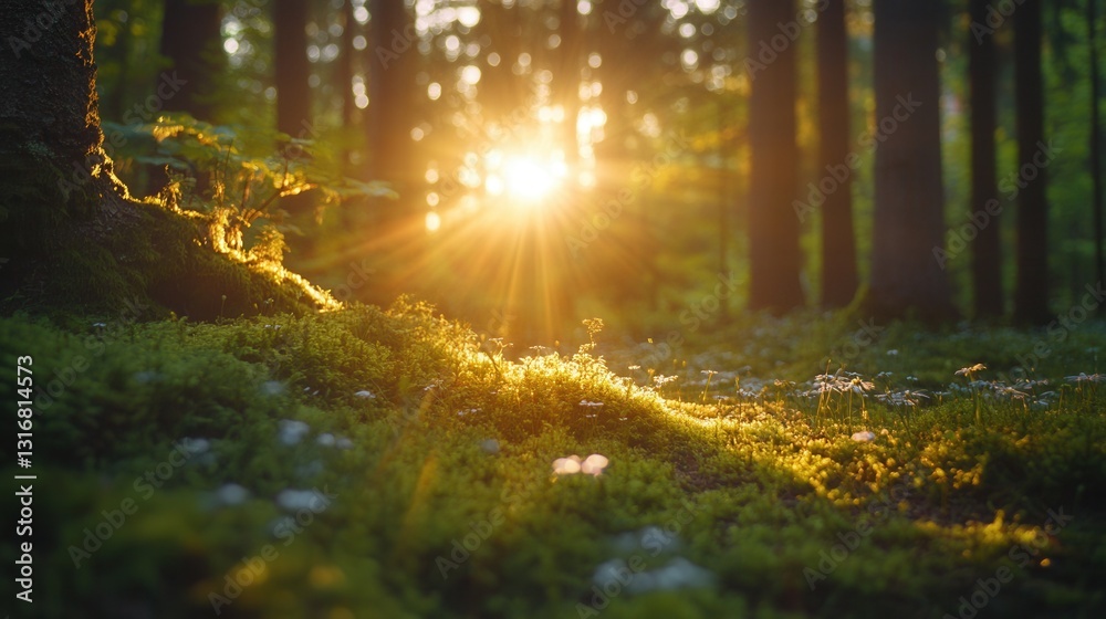 Obraz premium Sunlit Forest: A tranquil forest scene with sunbeams shining through the trees, illuminating the lush forest floor with vibrant green moss and wildflowers.