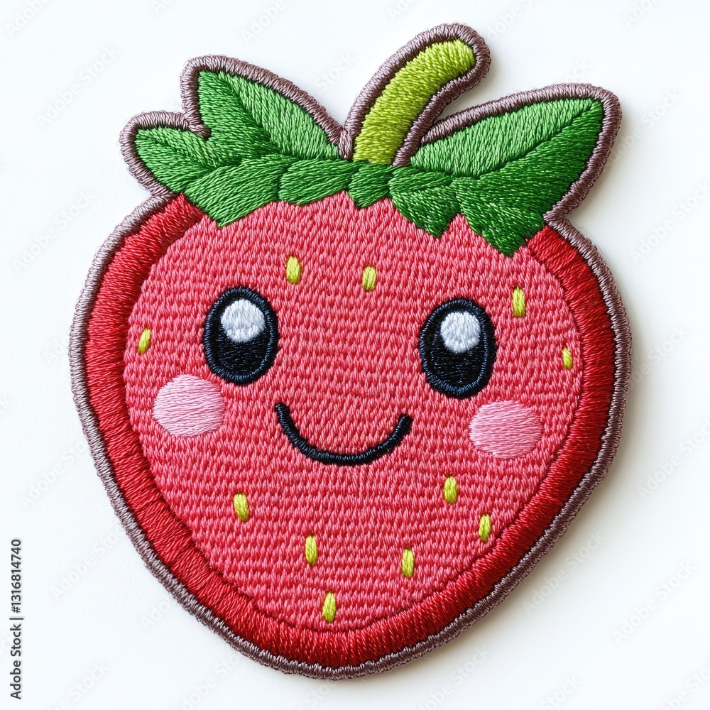 Obraz premium Embroidered strawberry patch with face on white. Use for kids' designs, food themes, cute crafts, and playful fashion.