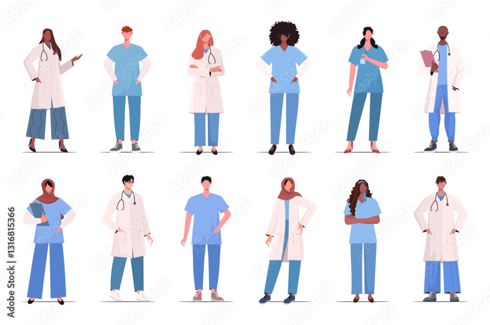 Set of doctors, nurses and medical personnel team. Professional therapist and hospital staff. Сharacter collection. Vector illustration Not AI generated Set of doctors, nurses and medical personnel team. Professional therapist and hospital staff. Сharacter collection. Vector illustration Not AI generated