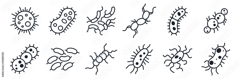 Bacteria, microbe, virus outline vector icon set. Microscopic bacterium and bacillus collection, isolated on white background Bacteria, microbe, virus outline vector icon set. Microscopic bacterium and bacillus collection, isolated on white background