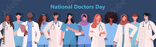 Doctors celebrating National Doctors Day. Group of professional therapist and hospital staff in uniforms standing together, symbolizing unity and professionalism in healthcare.Vector Not AI generated