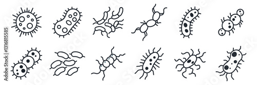 Bacteria, microbe, virus outline vector icon set. Microscopic bacterium and bacillus collection, isolated on white background