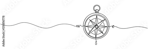 Single one line drawing compass for locating direction. Shipment and logistic concept. Continuous line draw design graphic vector illustration.