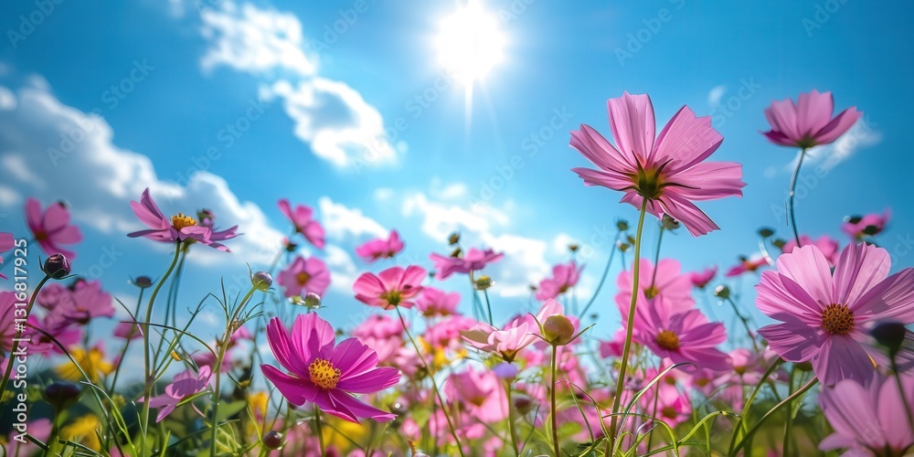 Vibrant pink cosmos flowers under sunny blue sky Vibrant pink cosmos flowers under sunny blue sky