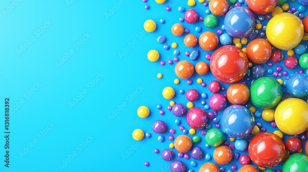 Vibrant Colorful Spheres on Blue Background: A Festive Display of Shiny, Glossy Balls Vibrant Colorful Spheres on Blue Background: A Festive Display of Shiny, Glossy Balls