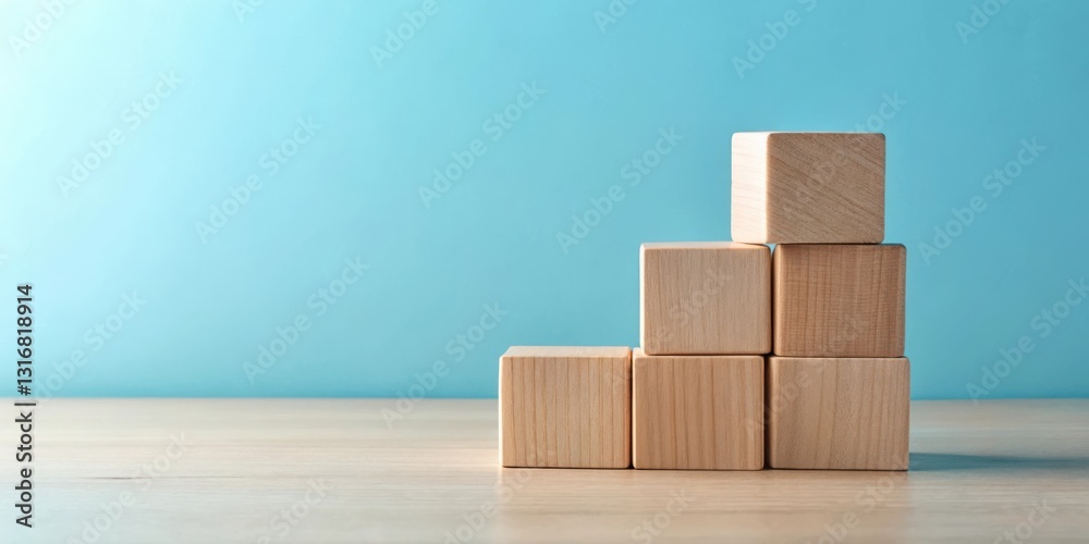 Wooden blocks arranged in ascending order against a light blue background on a table Wooden blocks arranged in ascending order against a light blue background on a table