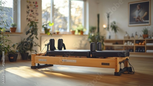 Pilates reformer in bright studio with plants and artwork photo