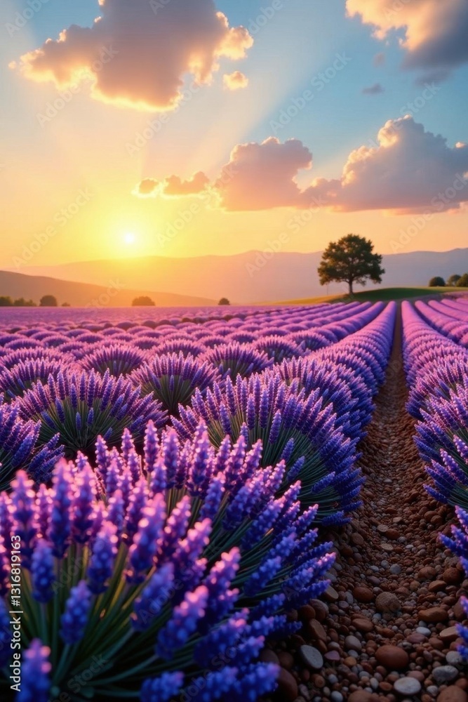 Obraz premium Golden sunlight bathes endless lavender, creating breathtaking panorama, sky, meadow