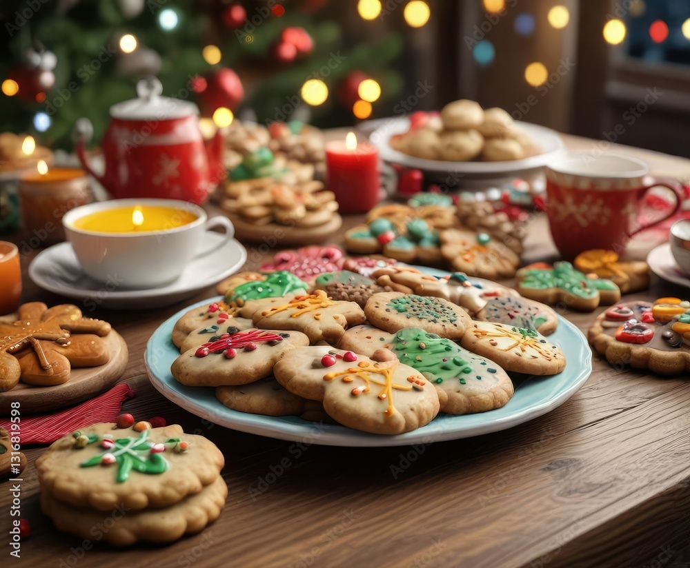 A colorful array of handcrafted cookies on a festive holiday table, snowflakes, red velvet, Christmas decorations A colorful array of handcrafted cookies on a festive holiday table, snowflakes, red velvet, Christmas decorations