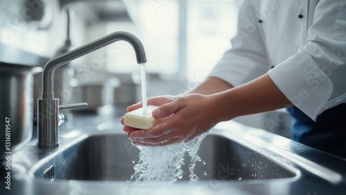 Fototapeta Naklejka Na Ścianę i Meble -  Chef Washing Hands with Soap Under Running Water in Kitchen Sink