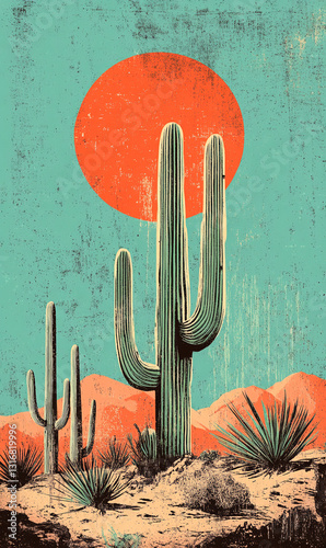 Vintage-Style Desert Landscape with Cacti and Setting Sun Graphic Illustration Style