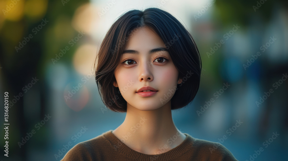 young Japanese woman with short hair, wearing brown sweater, stands outdoors with soft expression. young Japanese woman with short hair, wearing brown sweater, stands outdoors with soft expression.