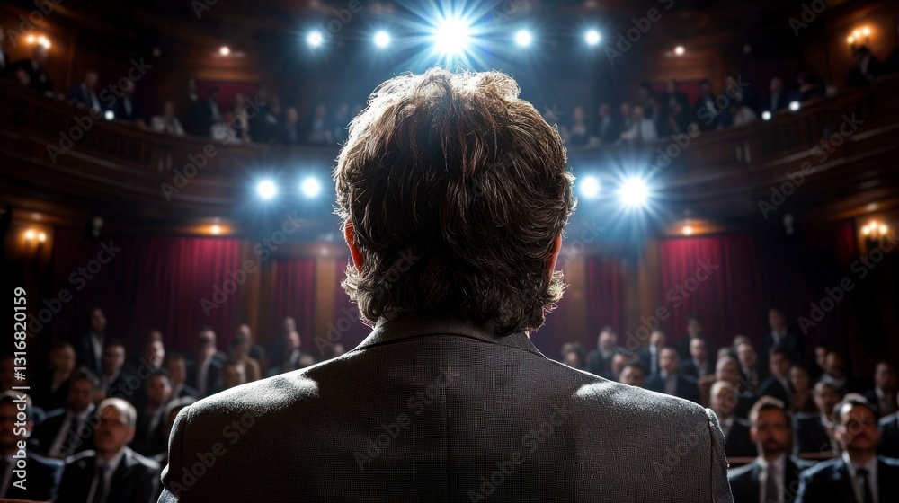 Confident executive in formal suit engaging with an enthusiastic crowd at a dynamic corporate event presentation Confident executive in formal suit engaging with an enthusiastic crowd at a dynamic corporate event presentation