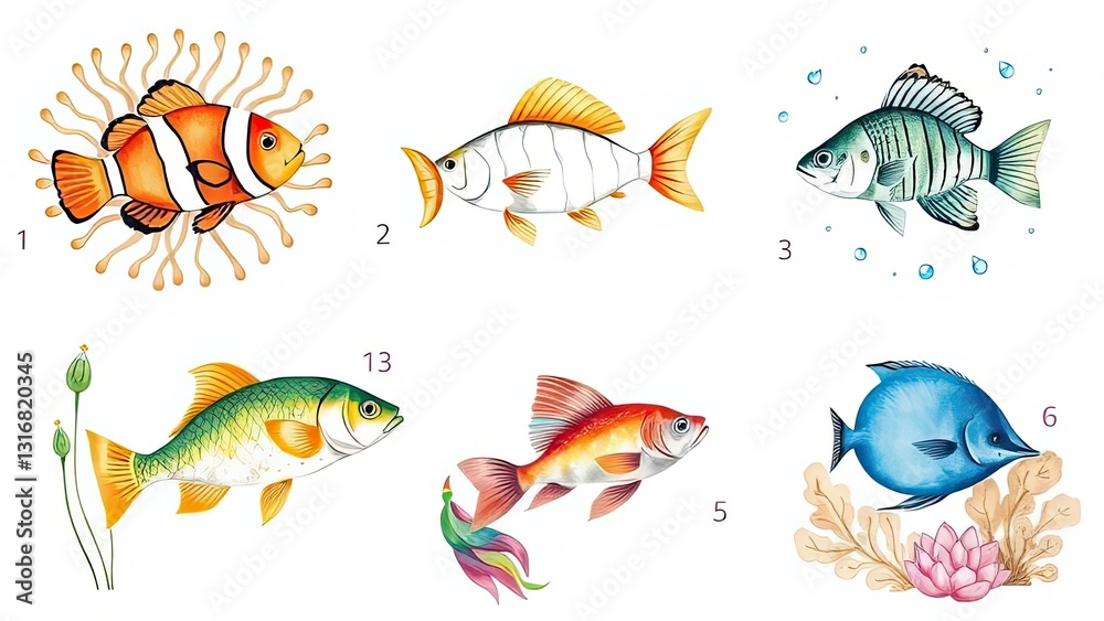 Naklejka premium Colorful Watercolor Fish Collection Ocean Sea Life Marine Animals Aquarium Tropical Fish Underwater