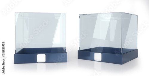 Fotografi Clear acrylic cubic display case with blue base