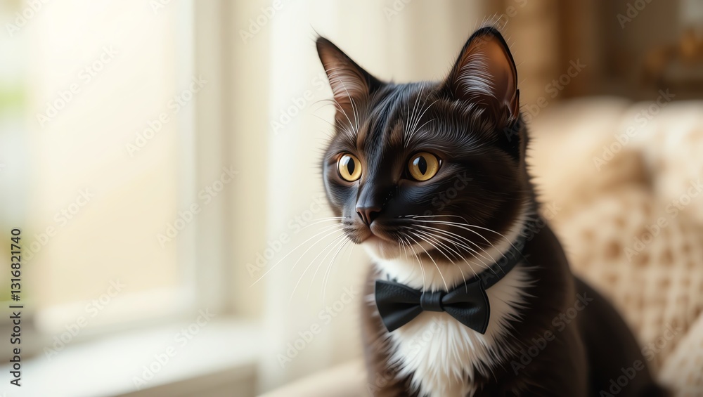 An elegant cat wearing a bow tie, gazing thoughtfully out of a window, capturing a moment of curiosity and sophistication. An elegant cat wearing a bow tie, gazing thoughtfully out of a window, capturing a moment of curiosity and sophistication.