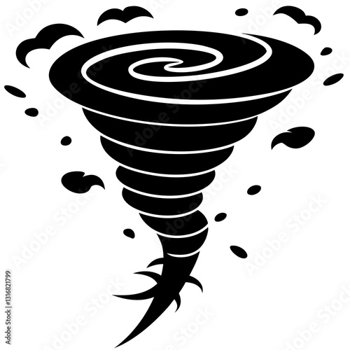 A black illustration features a stylized tornado with swirling winds
