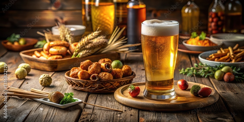 A Refreshing Pint of Beer Surrounded by an Array of Savory Snacks and Garnishes on a Rustic Wooden Table A Refreshing Pint of Beer Surrounded by an Array of Savory Snacks and Garnishes on a Rustic Wooden Table