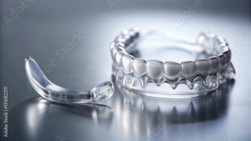 Close-up of a transparent dental appliance and mouthguard, showcasing its sleek design and precision craftsmanship for comfortable wear and effective oral health solutions