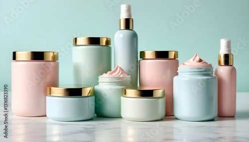 Soft Pastel Skincare Jars and Bottles with Gold Accents