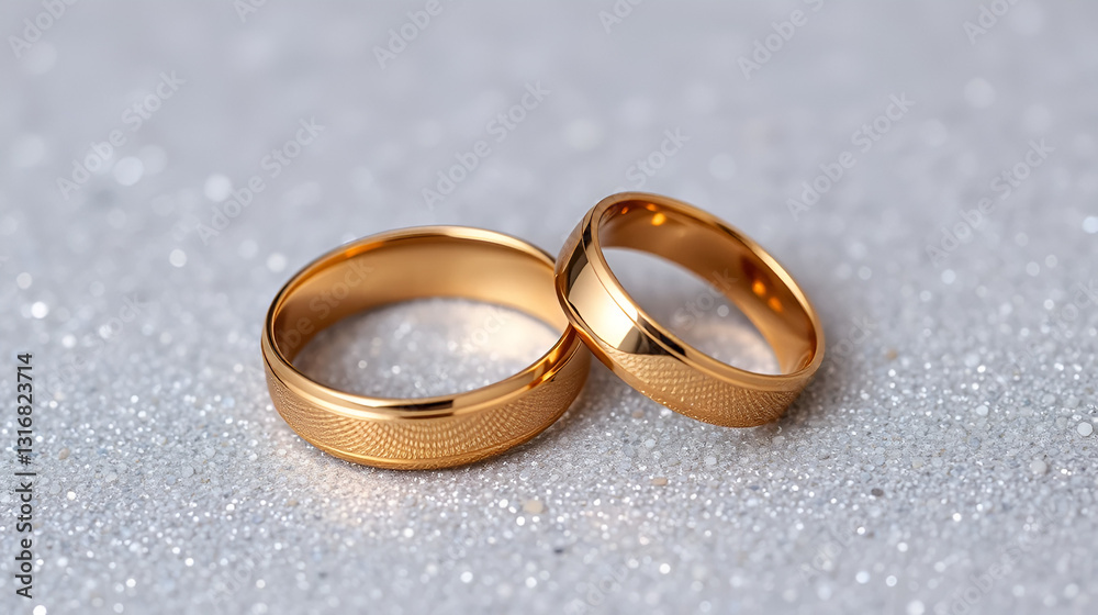 Two gold wedding bands on textured glitter Two gold wedding bands on textured glitter