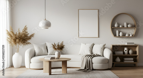 Minimalist and modern living room interior with a cozy white curved sofa, wooden coffee table, and neutral-toned decor.
