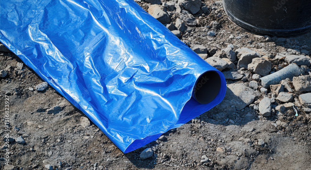 Blue tarp unfolds on uneven terrain, adjacent to a cylindrical item, indicating possible construction or maintenance activity Blue tarp unfolds on uneven terrain, adjacent to a cylindrical item, indicating possible construction or maintenance activity